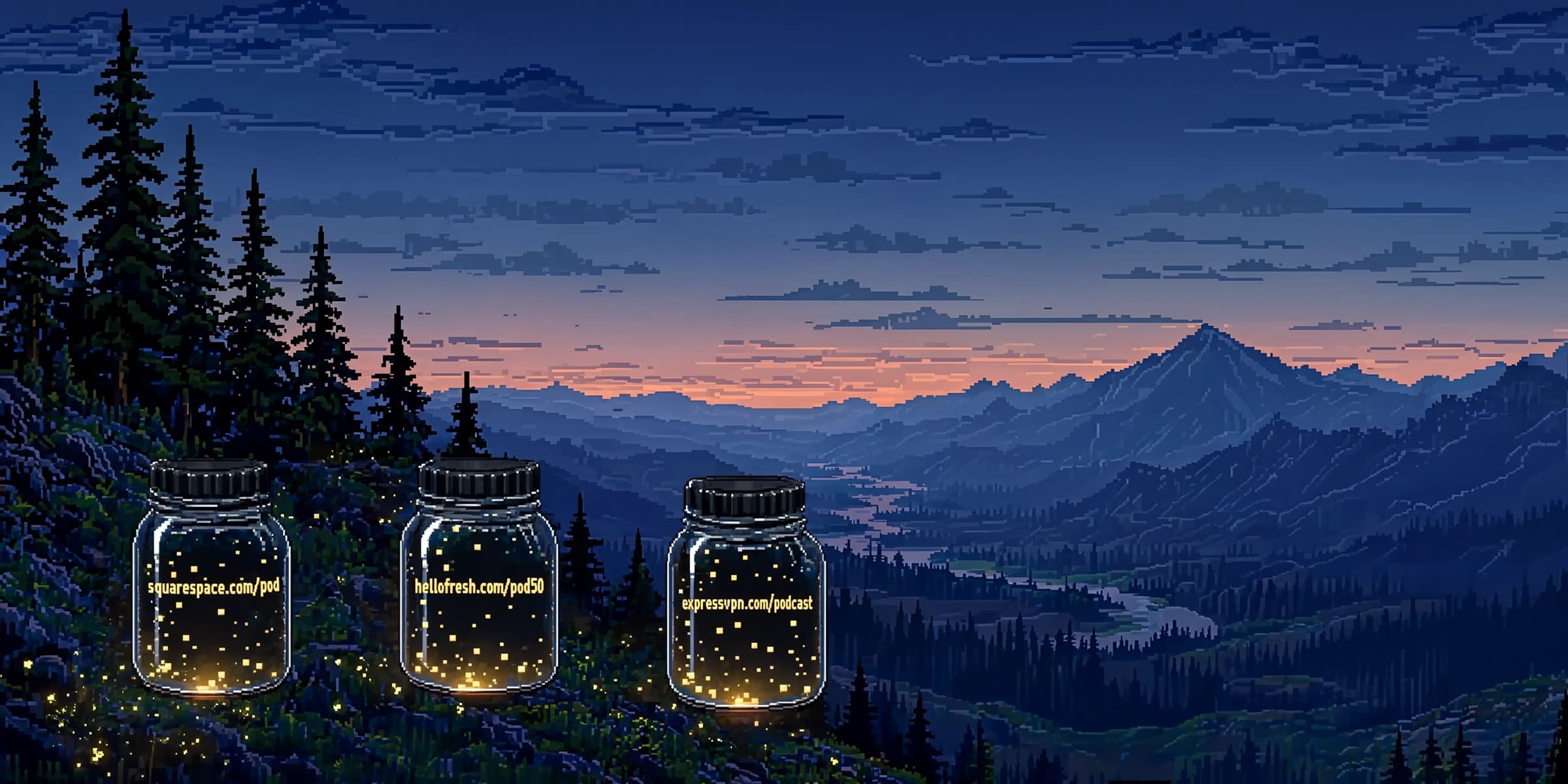 Three glowing sponsor jars overlooking a mountain valley at dusk